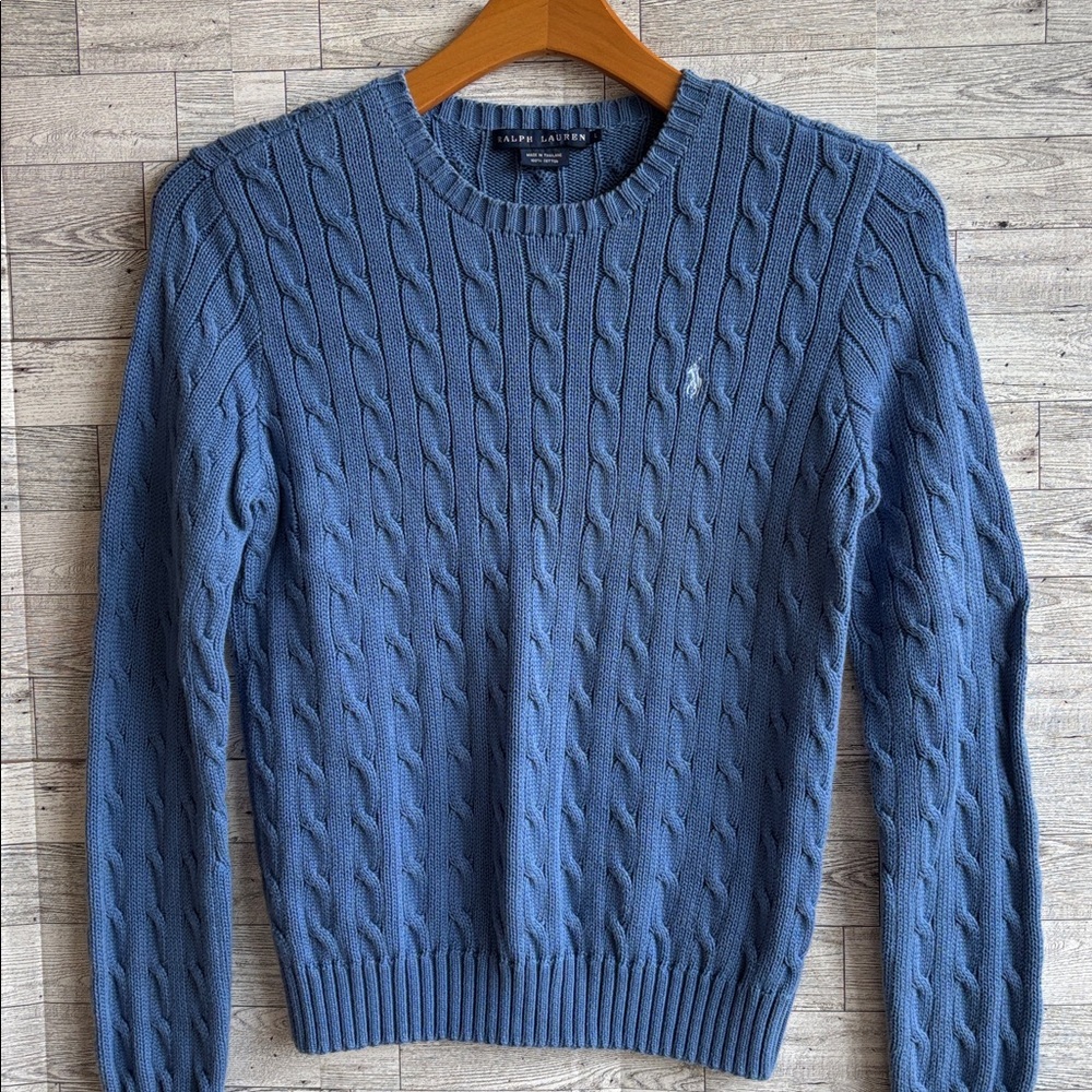 Ralph Lauren Women's Cable-Knit Cotton Crewneck Blue Sweater women’s Large - Picture 2 of 7